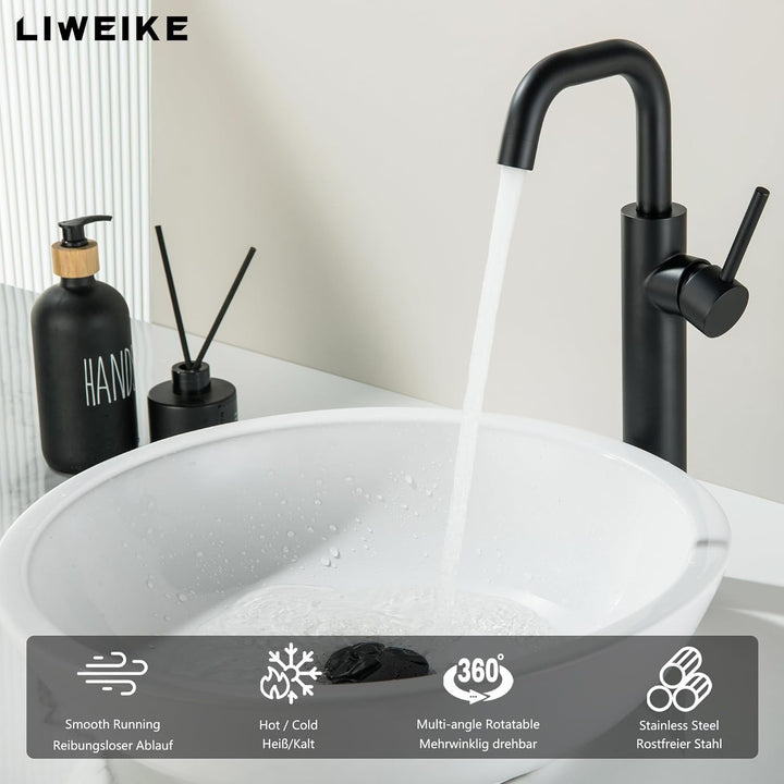 LIWEIKE Wasserhahn Bad Schwarz, waschtischarmatur hoch 360° Drehbar einhebelmischer waschbecken mit