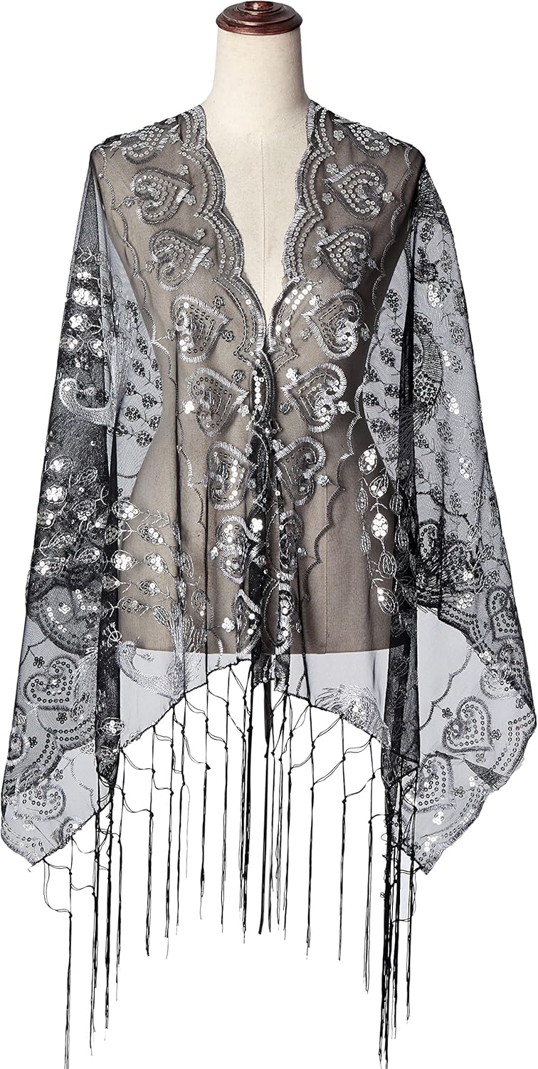 BABEYOND Damen Pashmina-Schal Einheitsgrösse Schwarz/Silberfarben, Einheitsgrösse Schwarz/Silberfarb
