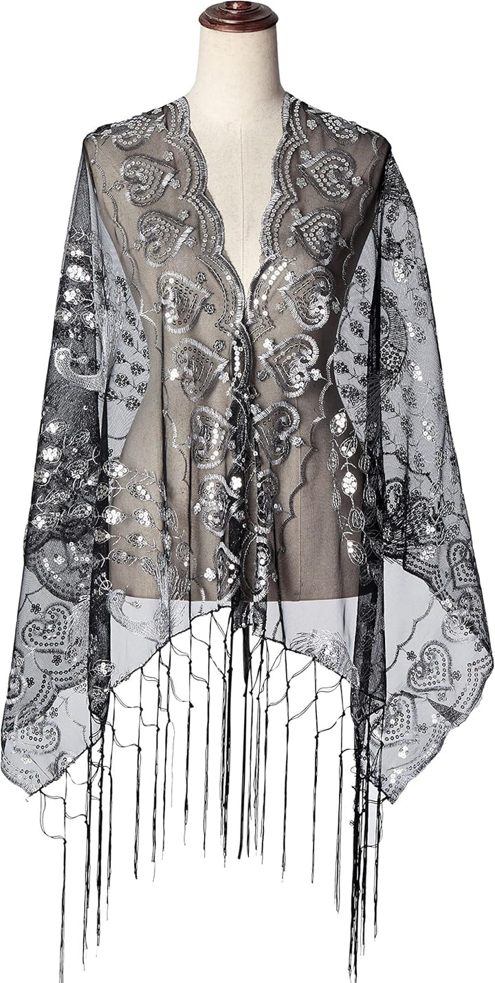 BABEYOND Damen Pashmina-Schal Einheitsgrösse Schwarz/Silberfarben, Einheitsgrösse Schwarz/Silberfarb