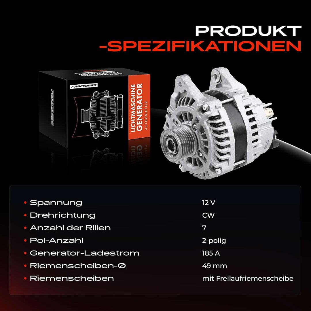 Frankberg Lichtmaschine Generator 185A Kompatibel mit NV400 2.3L 2011-Heute Movano 2.3L 2010-Heute M