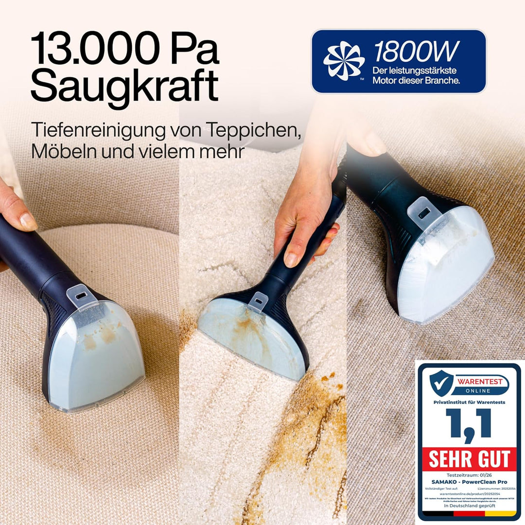 SAMAKO PowerClean Pro – Polsterreiniger Gerät mit Dampf-Funktion & HEPA-Filter – Tiefenreinigung für