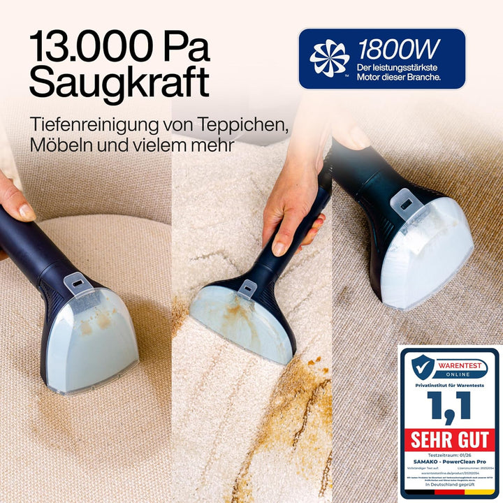 SAMAKO PowerClean Pro – Polsterreiniger Gerät mit Dampf-Funktion & HEPA-Filter – Tiefenreinigung für