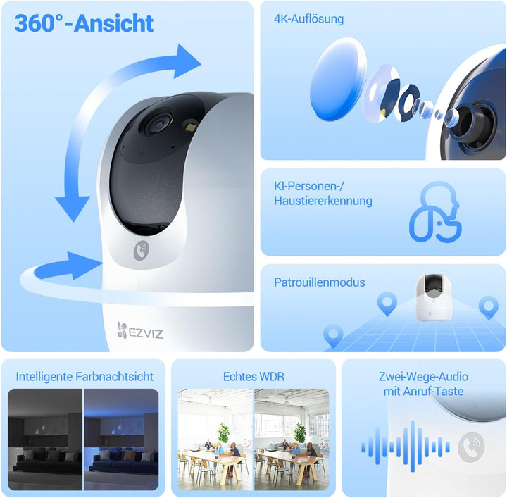 EZVIZ C6N G1 4K 8MP Überwachungskamera Innen, 2,4/5 GHz WLAN Baby Kamera, 360° PTZ, Auto-Zoom-Track,
