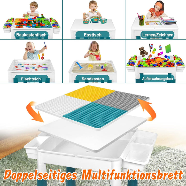 UISEBRT Kindertisch mit 2 Stühle Spieltisch mit 163 Stück Bausteine Multifunktionaler Aktivitätstisc