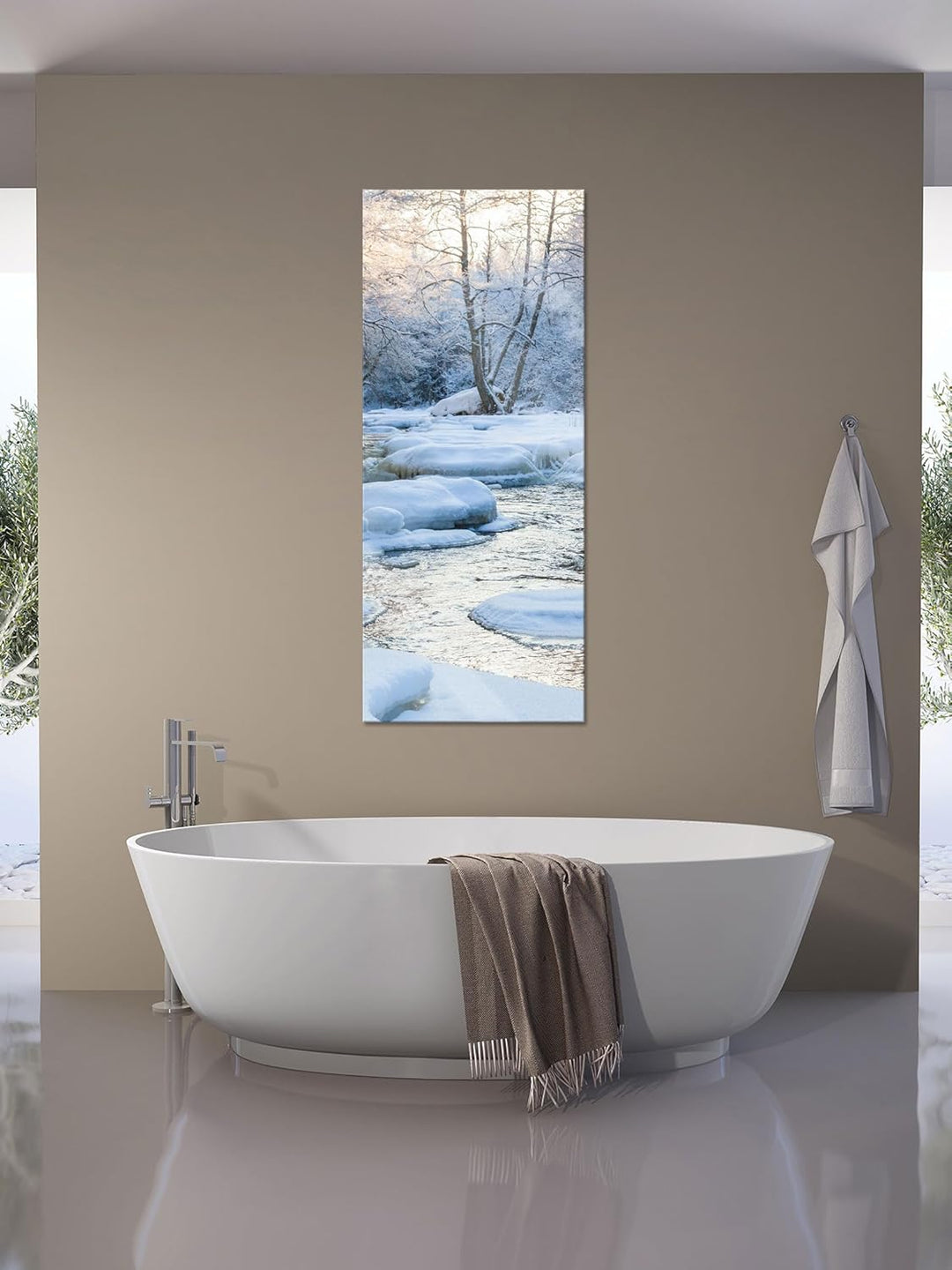 Glasbild Panorama | Wandbild aus Echtglas | Bach in Winterlandschaft | 120x50 cm | inkl. Aufhängung