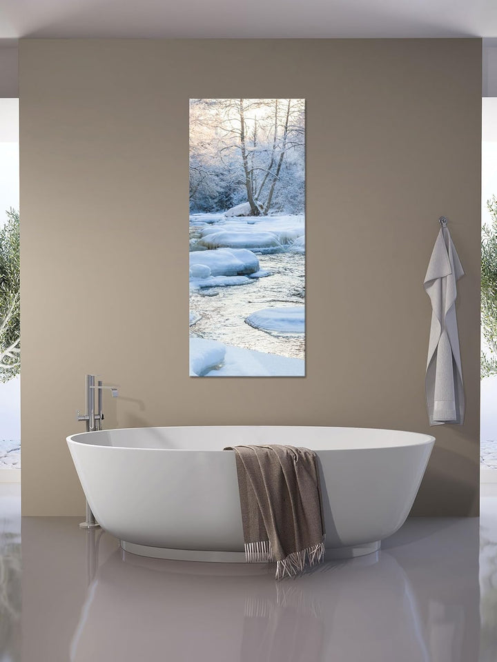 Glasbild Panorama | Wandbild aus Echtglas | Bach in Winterlandschaft | 120x50 cm | inkl. Aufhängung