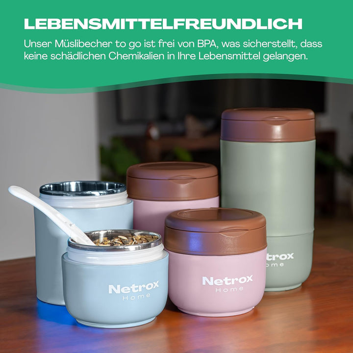 NetroxHome - Müslibecher To Go mit Löffel, Auslaufsicherer Joghurtbecher aus Edelstahl, Lunchbox, Mü
