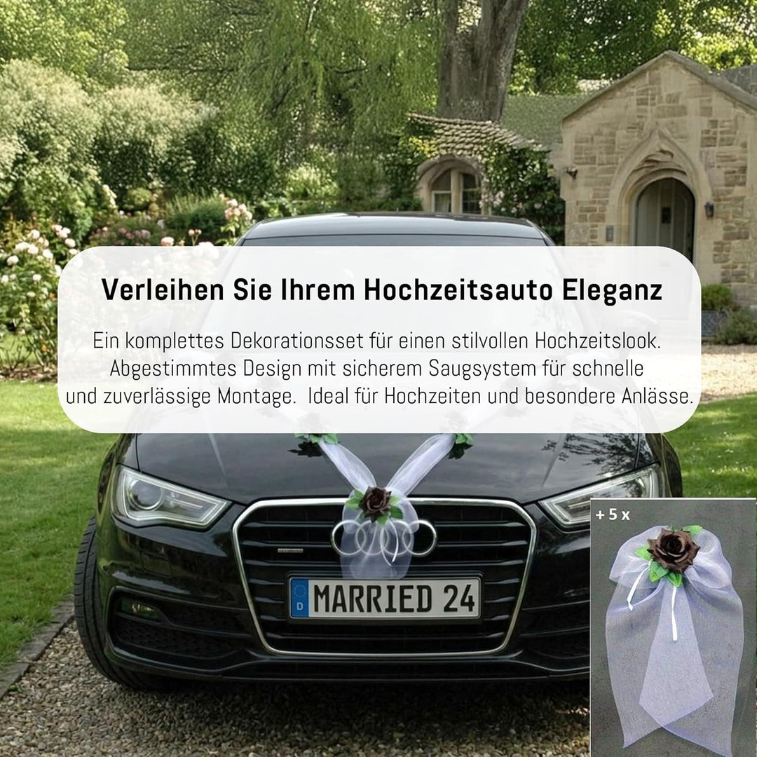 Organza M + Schleife Auto Schmuck Braut Paar Rose Deko Dekoration Autoschmuck Hochzeit Car Auto Wedd