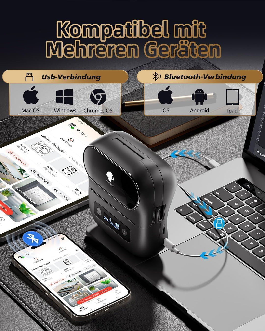 Phomemo M220 Etikettendrucker Beschriftungsgerät, Thermo Bluetooth Tragbarer Etikettenhersteller, Ak