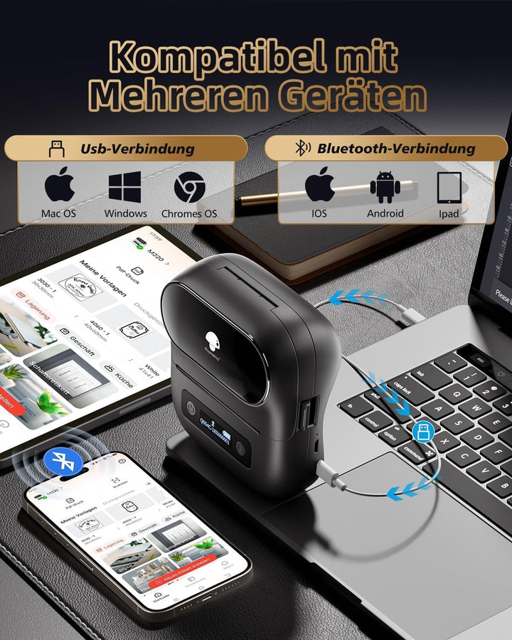 Phomemo M220 Etikettendrucker Beschriftungsgerät, Thermo Bluetooth Tragbarer Etikettenhersteller, Ak