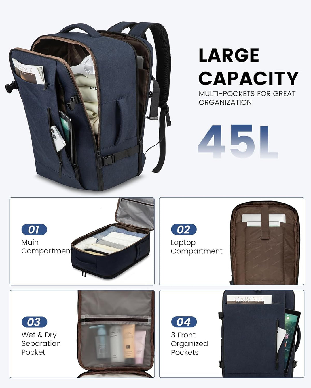 LOVEVOOK 45L Reiserucksack Handgepäck Flugzeug Gross, 18 Zoll Laptop Rucksack Travel Backpack Carry