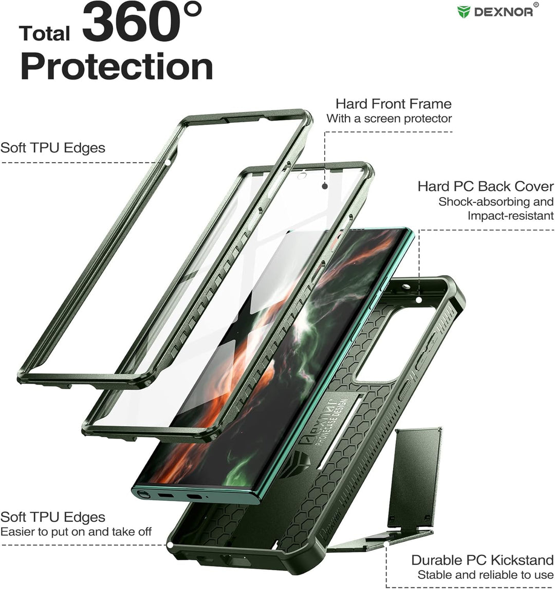 Dexnor Kompatibel mit Hülle Samsung Galaxy S22 Ultra【Doppelter Frontrahmen & Ständer】, Stossdämpfer