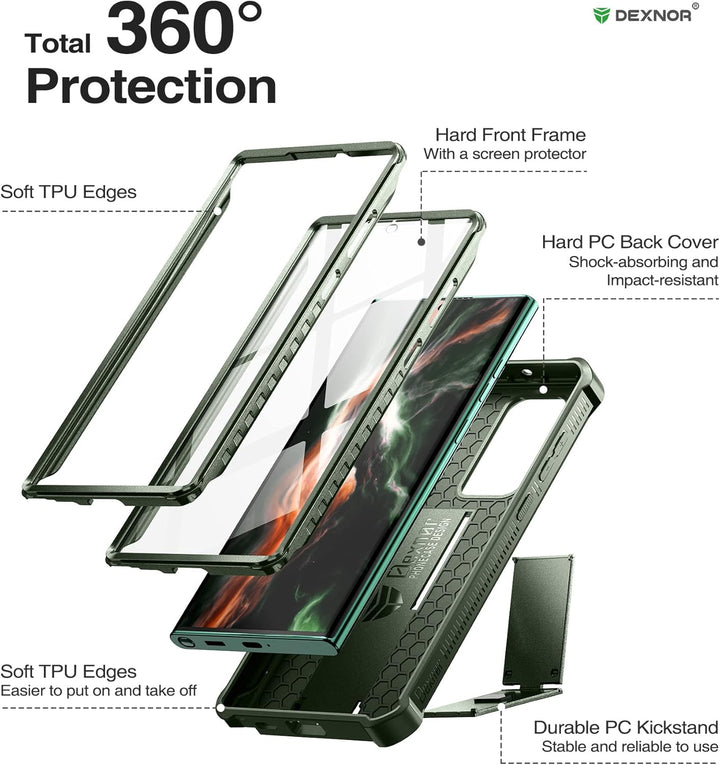Dexnor Kompatibel mit Hülle Samsung Galaxy S22 Ultra【Doppelter Frontrahmen & Ständer】, Stossdämpfer