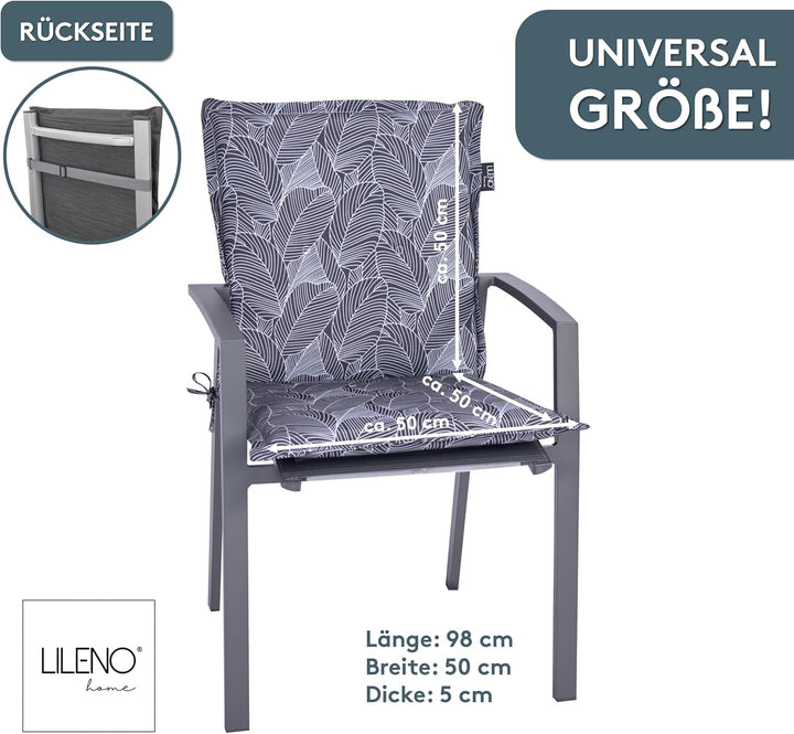 LILENO HOME Gartenstuhl Auflagen als [2er Set - Niedriglehner] in Blätter Anthrazit - Bequeme Liegen