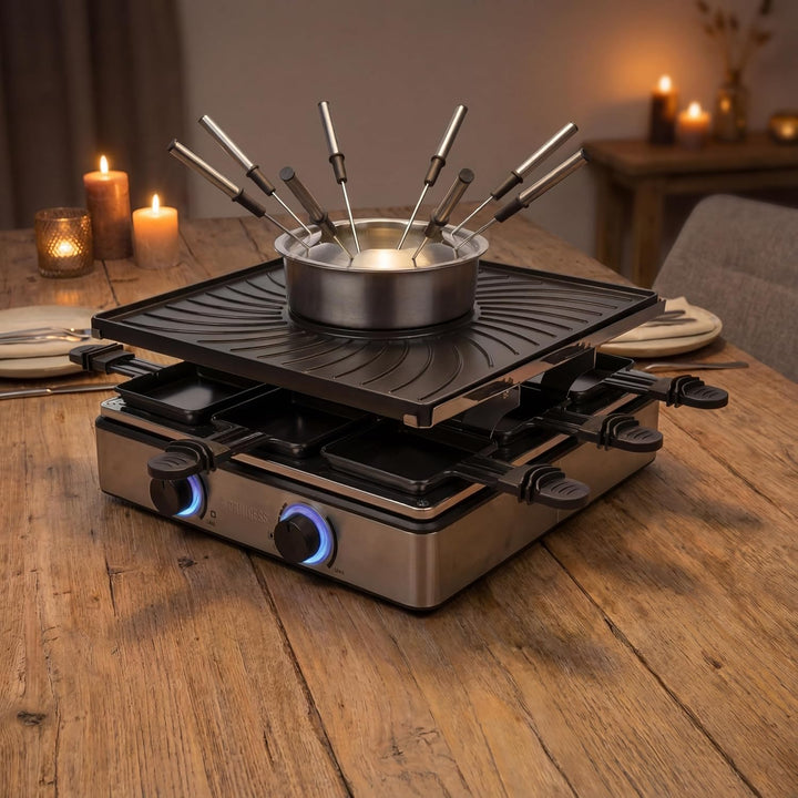 Princess Raclette und Fondue 5-in-1, 8 Personen, Doppelte Thermostate, 1,3 L Fonduetopf, PFAS-frei,