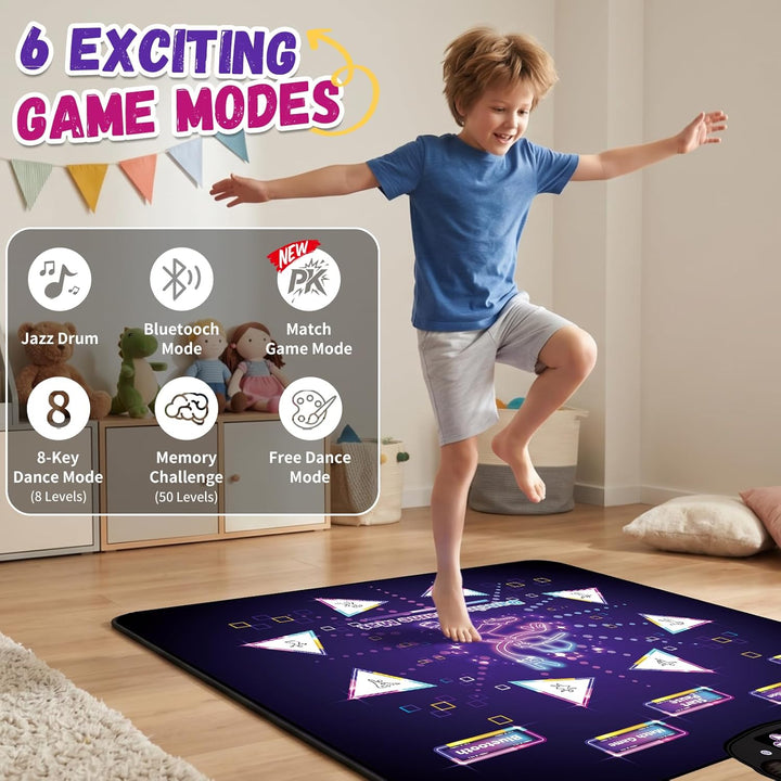 YESHIN Tanzmatte Kinder mit 8 farbigen Lichtern, Wiederaufladbare Musikmatte mit Bluetooth, 6 Spielm