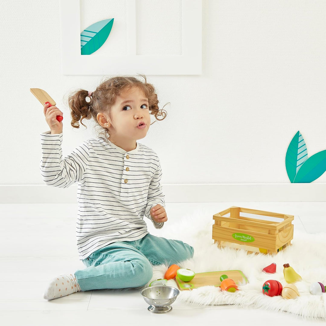 Janod - Holz Obst und Gemüse Spielset ‘Green Market’ - Marktkiste mit 9 Obst- und Gemüsesorten mit H