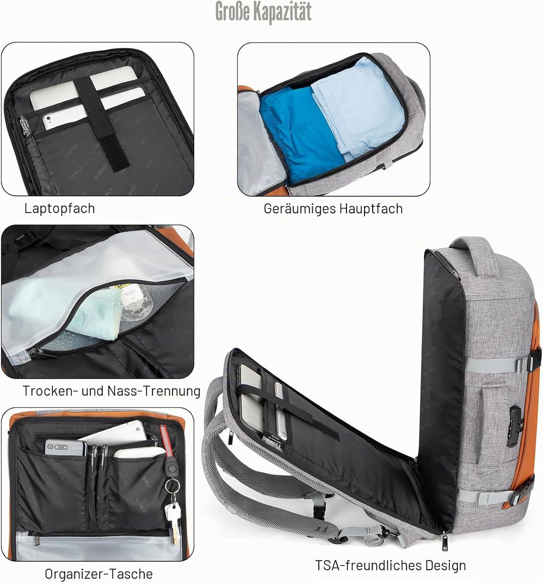 Tzowla ReiseRucksack Laptop Handgepäck Rucksack 40l für Damen und Herren,Fluggenehmigung,Grosses Fas