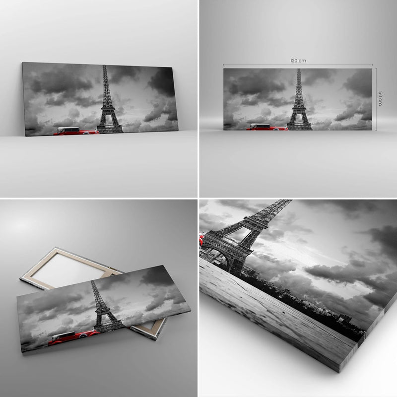 Wandbilder Dekoration Wohnzimmer Auto Eiffle Paris Stadt Panorama Bilder auf Leinwand 120x50cm Leinw