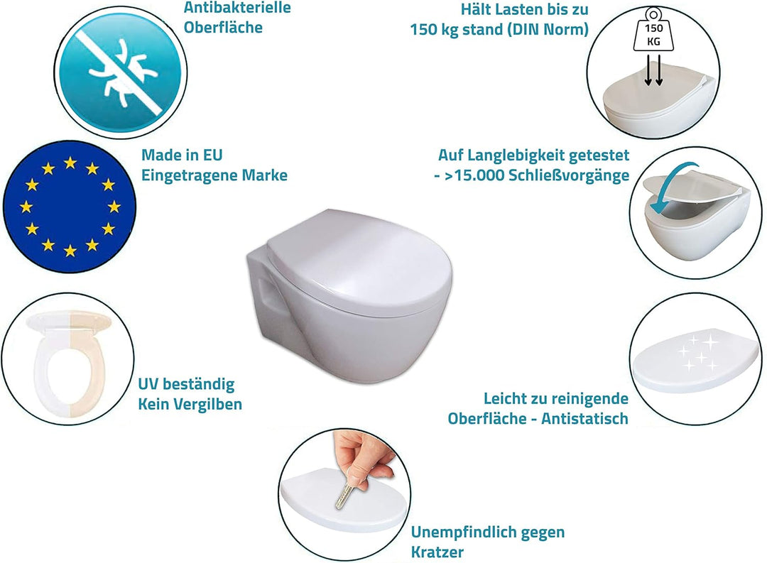 Aqua Bagno | Universeller Toilettendeckel &amp; WC-Sitz mit Absenkautomatik, abnehmbarer Klodeckel O-For
