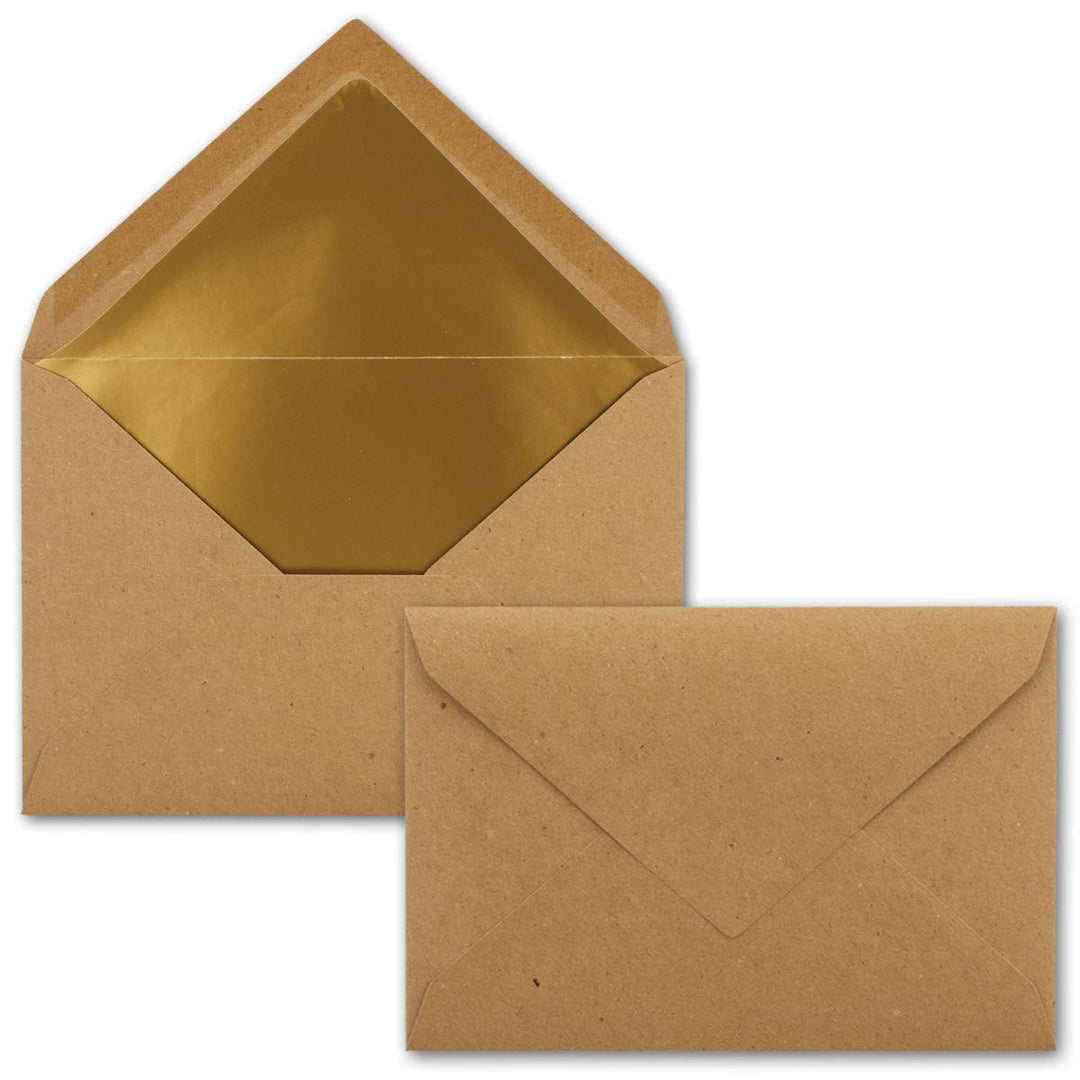 50x - Brief-Umschläge B6 mit Gold Innenfutter - 12,5 x 17,6 cm - Kraft-Papier braun Recycling Nasskl