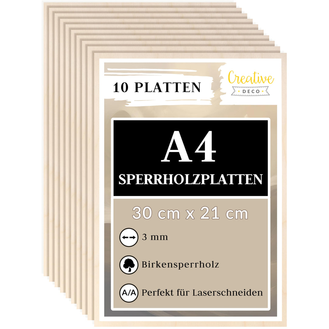 Creative Deco 10 x A4 Sperrholzplatte 3mm | 300 x 210 mm | Birkensperrholz Laserfähig Dünne Holz-Zus