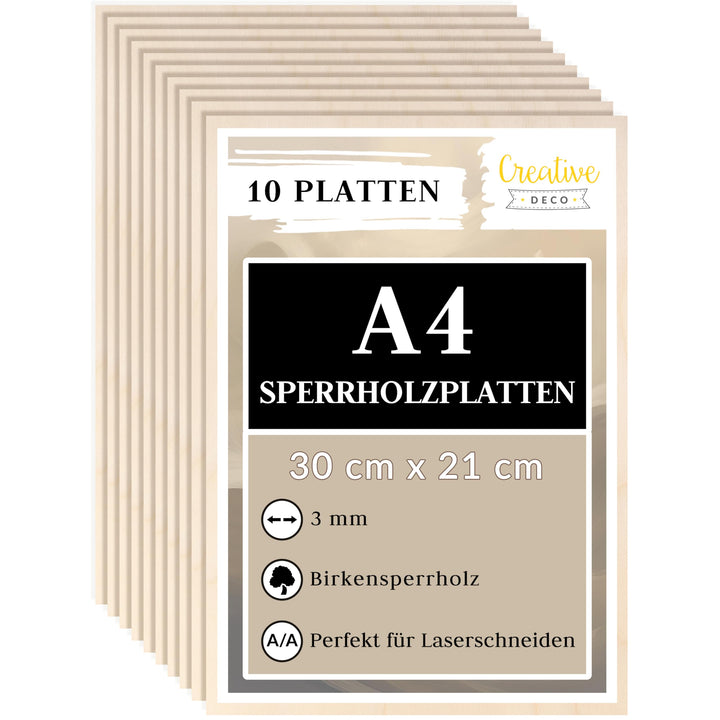 Creative Deco 10 x A4 Sperrholzplatte 3mm | 300 x 210 mm | Birkensperrholz Laserfähig Dünne Holz-Zus