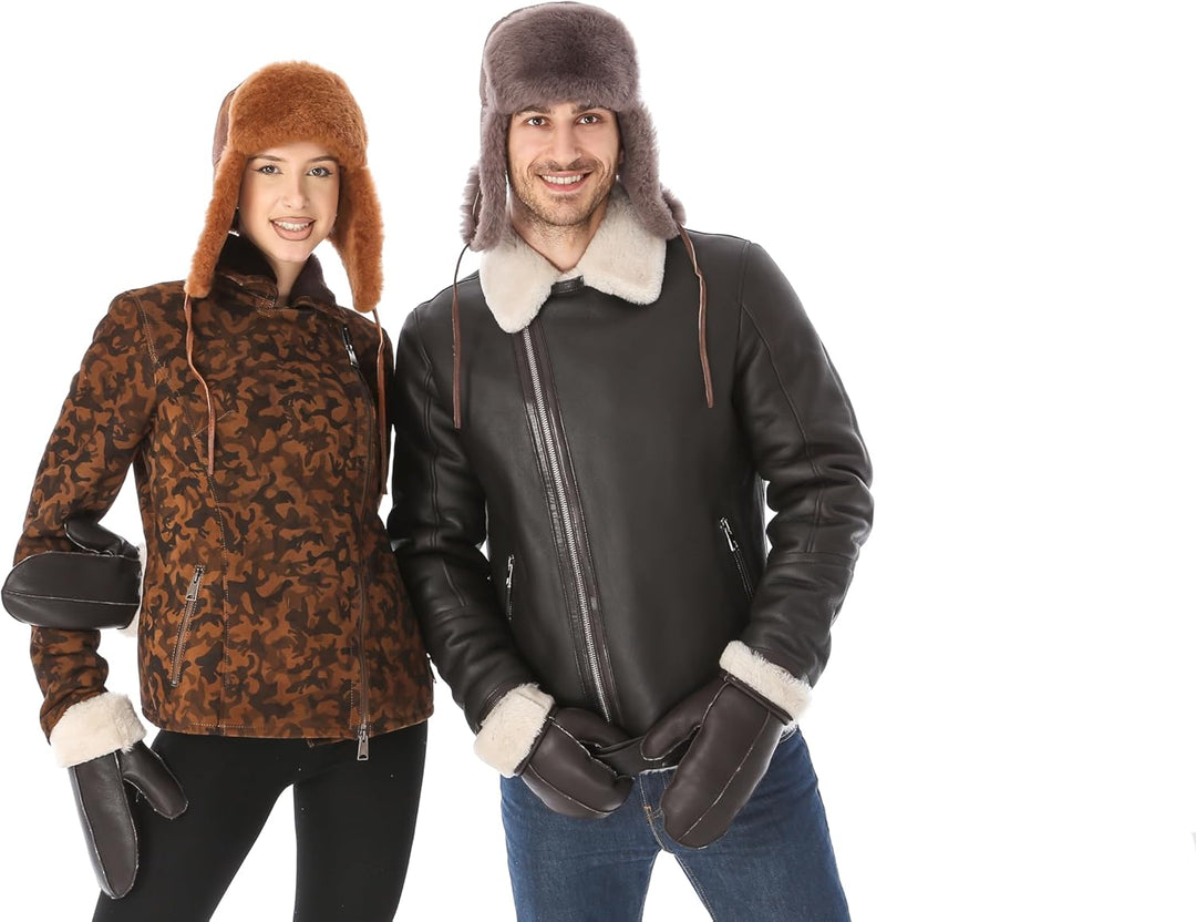 Unisex Fliegermütze aus Schafsleder, Russische Ushanka Trapper Winterfellmütze M Taupe, Braun, M Tau