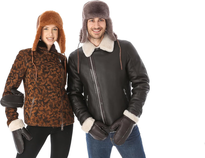 Unisex Fliegermütze aus Schafsleder, Russische Ushanka Trapper Winterfellmütze M Taupe, Braun, M Tau