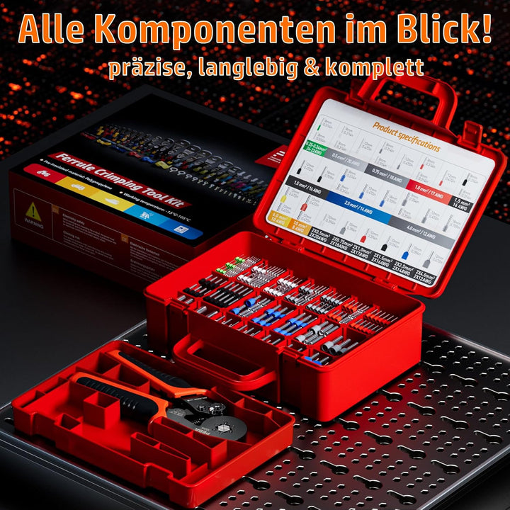 PEBA Sechskant Crimpzange Set mit 33 Grössen Aderendhülsen 0,25–10 mm² inkl. Twin Hülsen, selbstjust