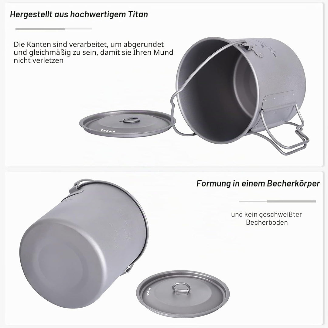 iBasingo Titan Topf Camping Becher 750ml/900ml/1100ml/1250ml Hängetopf Leichtes Kochgeschirr Tragbar