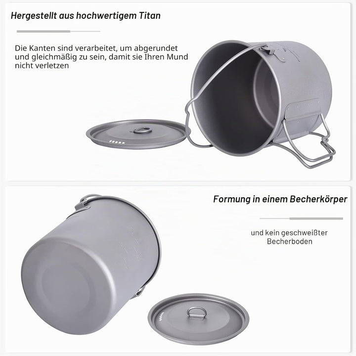 iBasingo Titan Topf Camping Becher 750ml/900ml/1100ml/1250ml Hängetopf Leichtes Kochgeschirr Tragbar