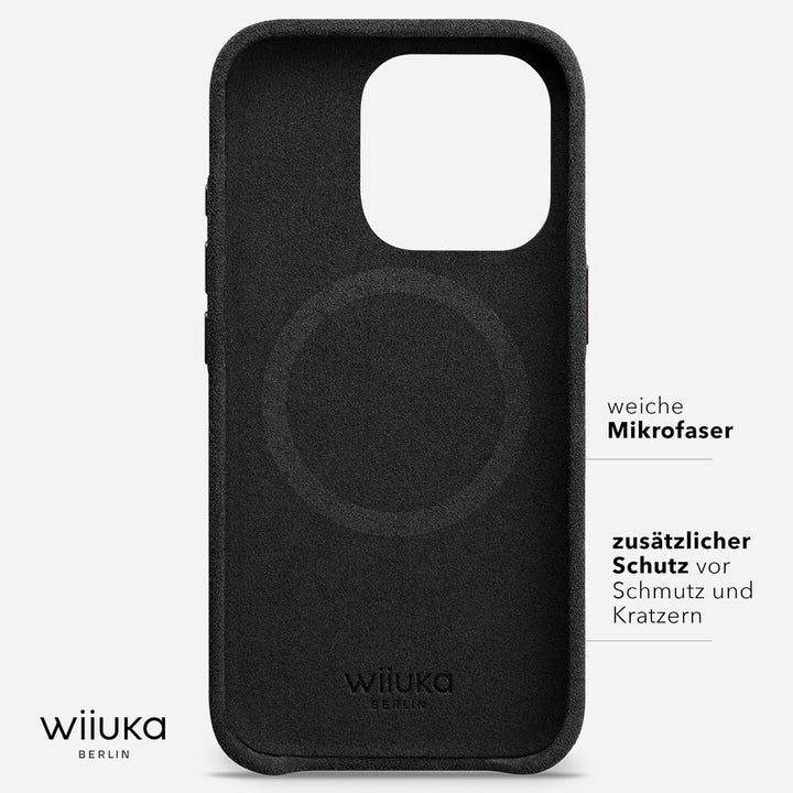 WIIUKA Hülle für iPhone 15 Pro, original Alcantara®, handgefertigt, extra Dünn, Premium Handyhülle,
