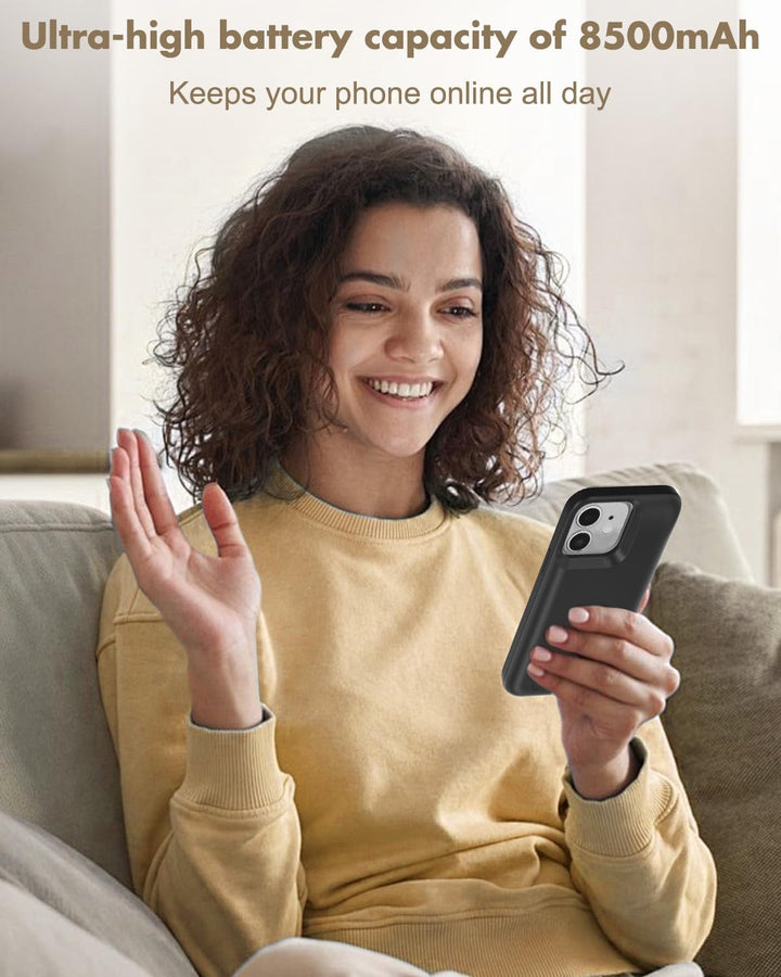 Gladgogo akku hülle für iPhone 12/12 Pro, 8500 mAh akkuhülle mit Ständer – Schwarz mit gehärtetem Gl