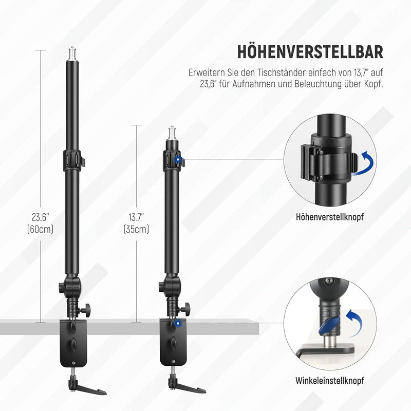 NEEWER Kamera Tischhalterung 225° neigbar& 360° schwenkbar 17,7"-24,8" Stativ mit C Klemme 1/4" Kuge