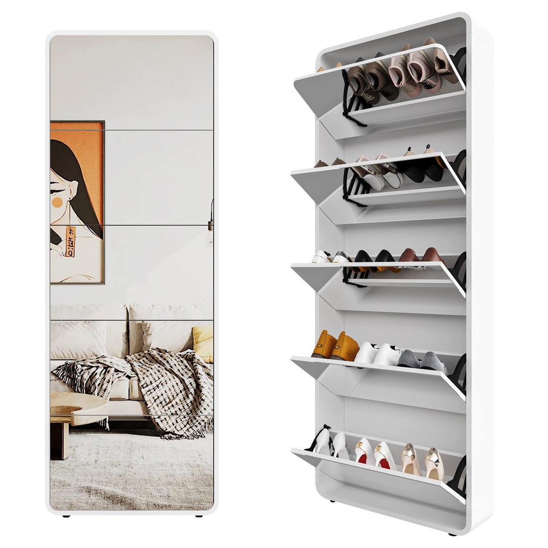 Spiegel-Schuhschrank mit 5 Flip-Schubladentüren, freistehender Schuhregal, schmaler Schuh-Organizer-