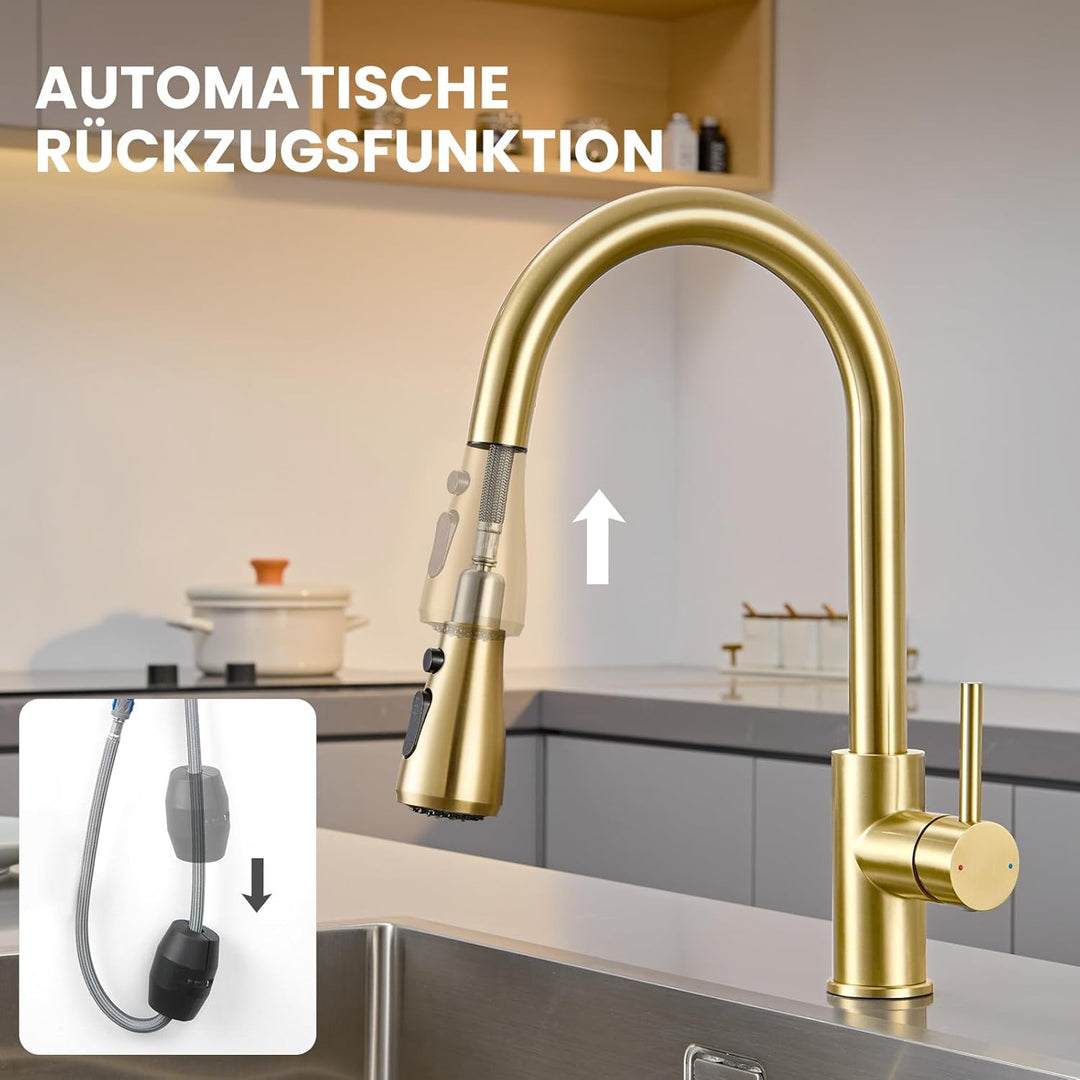Wasserhahn küche mit Ausziehbar Hochdruck fur Spüle - Küchenarmatur Gold mit Brause - Edelstahl Arma