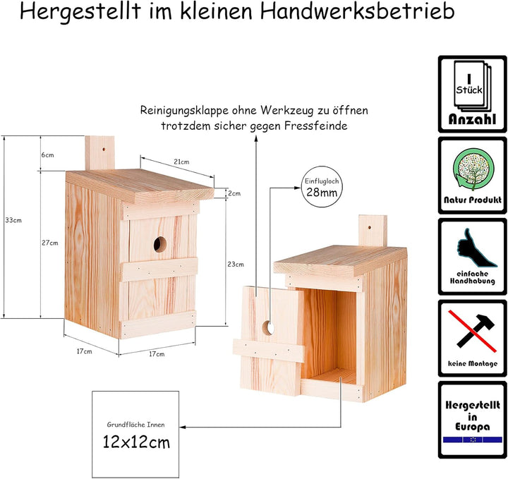 BigDean Nistkasten für Meisen &amp; Kleinvögel - Vogelhaus aus Massivholz - 27x17x17cm - Brutkasten hand