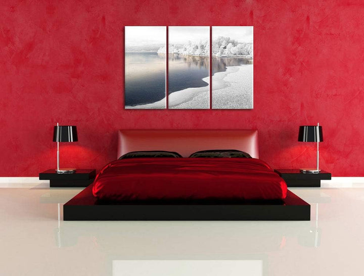 Traumhafte Winterlandschaft Wald Schnee schwarz/weiss 3-Teiler Leinwandbild 120x80 Bild auf Leinwand