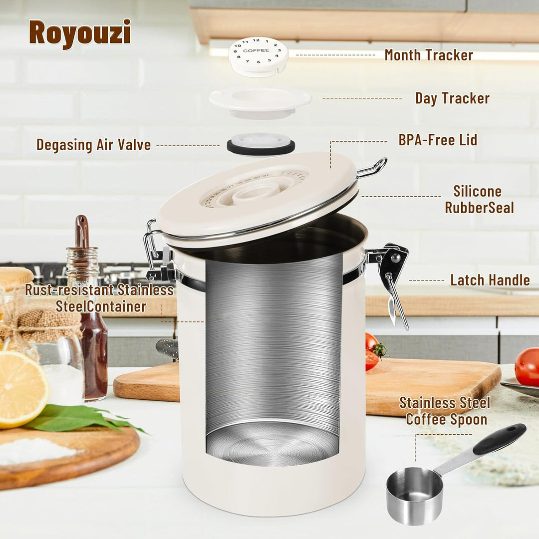 Royouzi Luftdichte Edelstahl Kaffeedose, Vakuum Kaffeedose, 1,8 L KaffeebohnenbehäLter Mit Edelstahl