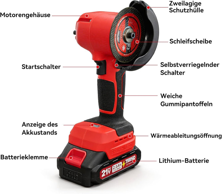 TEENO 21V Winkelschleifer mit Bürsten, 19500 U/min, inklusive 2 Akkus mit 1500mAh und 6 Schleifschei