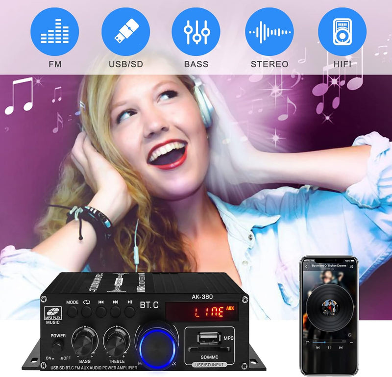 AK-380 Bluetooth 5.0 HiFi Verstärker 2.0-Kanal 40W x 2 Max. 400W Mini Verstärker Stereo Audio Leistu