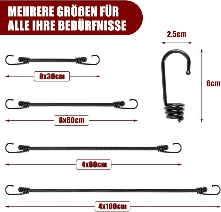 TaoTazon Spanngummi mit Haken, Expander mit Haken 24 Stück, Verschiedene Universalgrössen Gepäckspan