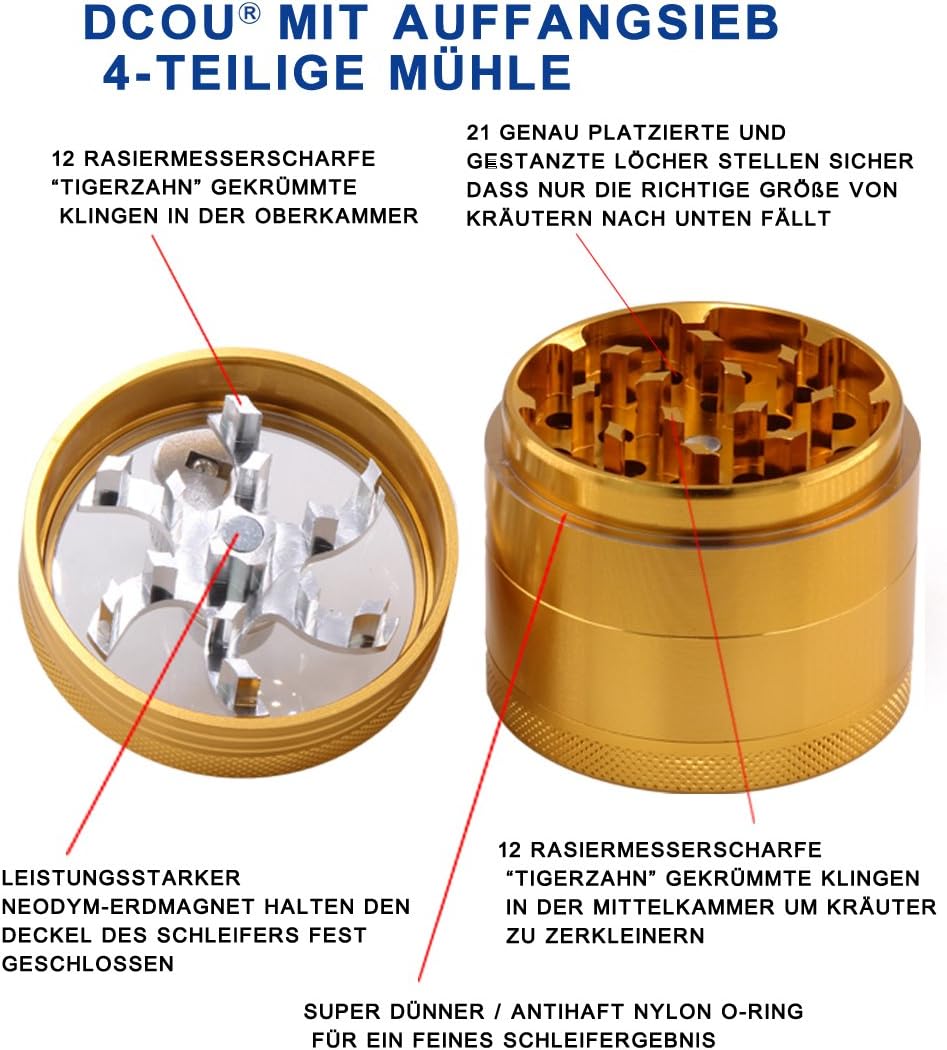 DCOU Handkurbel Premium Mühle unzerbrechlich CNC Aluminium Metall Mahler Schleifer 4 Teile Ø55mm Mat