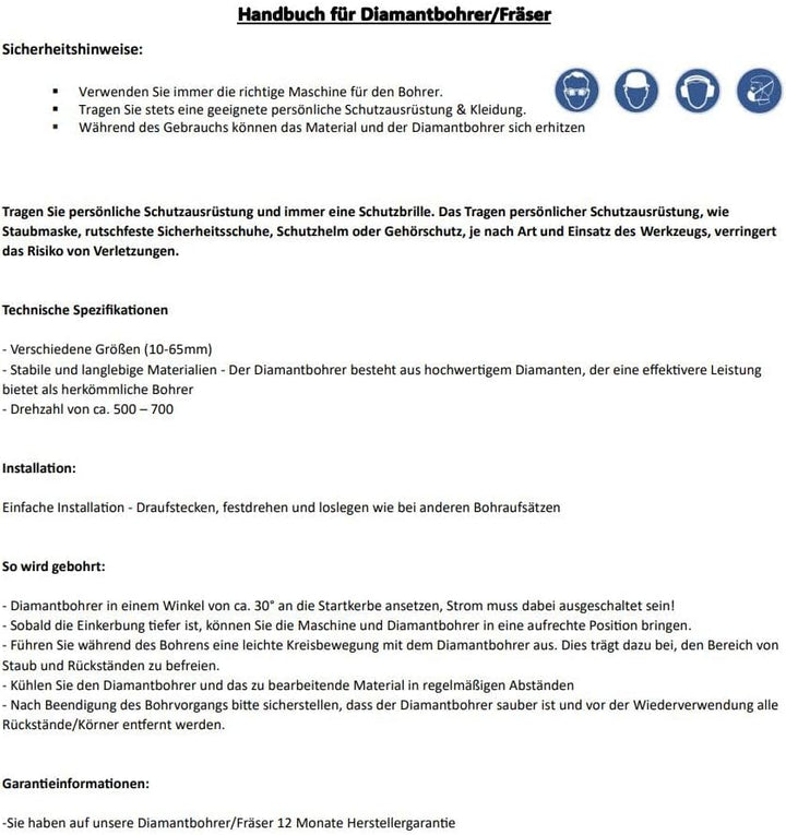 Premium Profi Diamant Fliesenfräser - Vollbohrer, Fliesenbohrer, Trockenbohrer, Fingerfräser Ø 10 mm