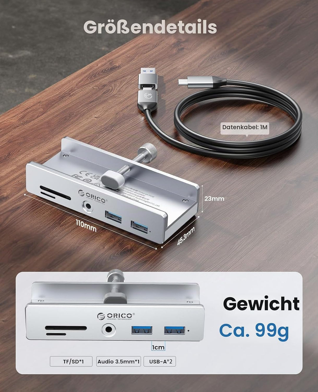 ORICO USB Hub 3.0 Mit SD/TF Kartenleser - 5 in 1 Verteiler Mit 2 USB-A Ports, 3.5 mm Audio, 5Gbps -