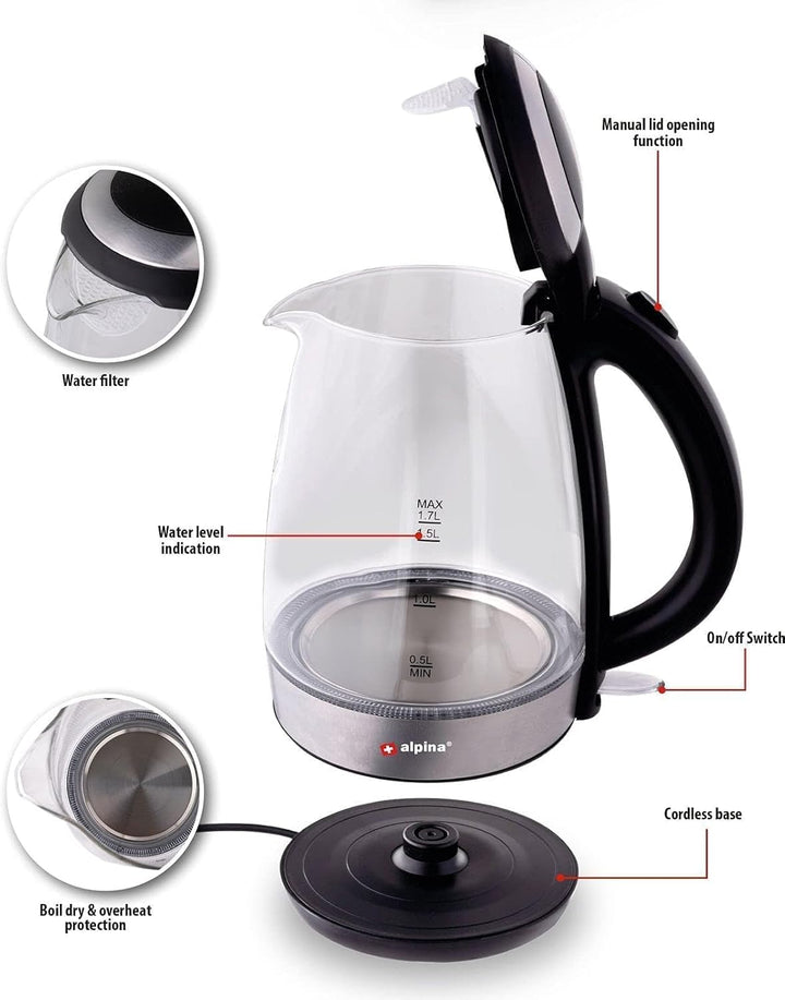 alpina Wasserkocher - Elektrisch - LED - Glas - Edelstahl - Schnurlos - 1,7 Liter, Glas
