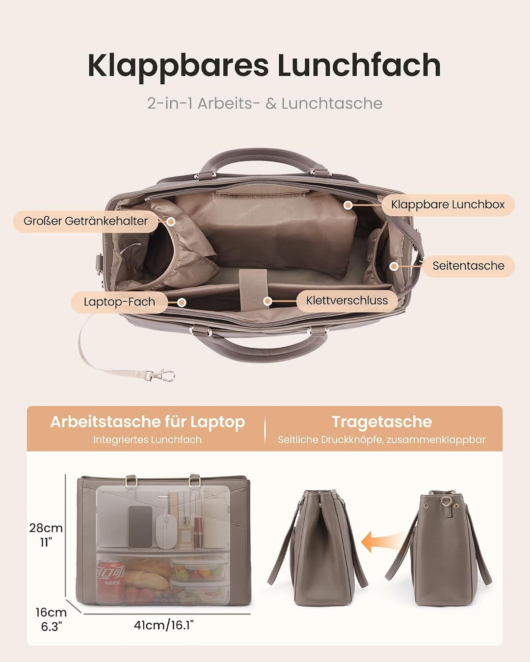 LOVEVOOK Laptoptasche Damen, Arbeitstasche mit Isoliertem Kühlfach Gross | 15,6 Zoll Laptop Handtasc