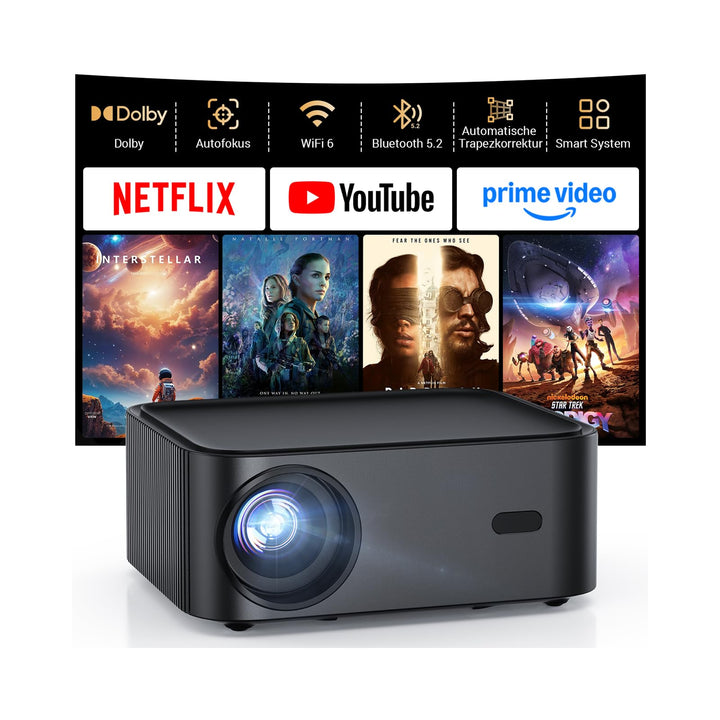 4K Smart Beamer mit integrierter Netflix-App, HAPPRUN Heimkino Projektor mit Autofokus, Dolby Audio