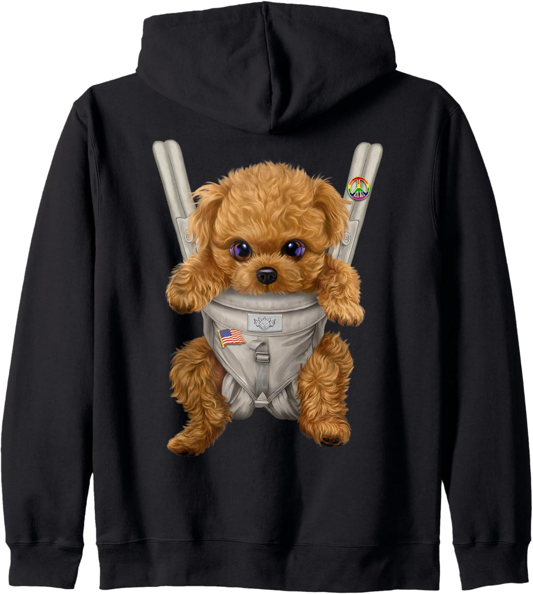 Brauner Pudelhund in der Babytrage Kapuzenjacke